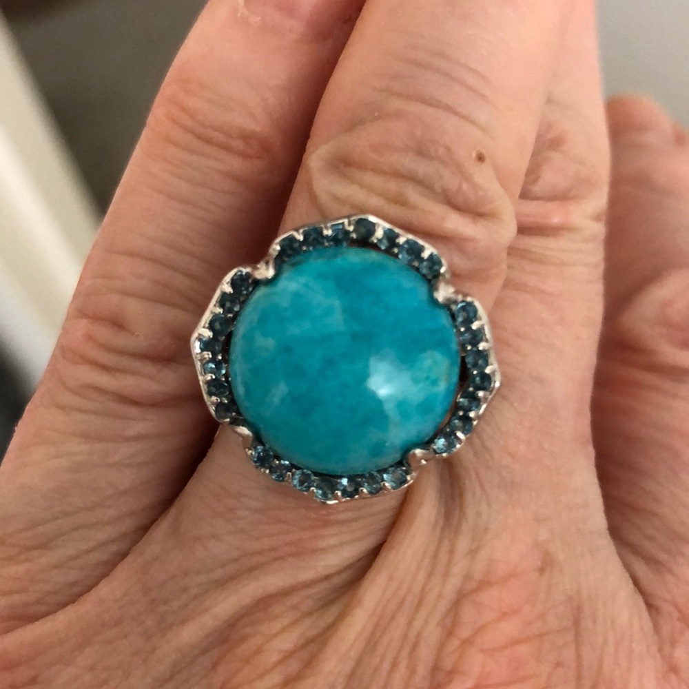 Turquoise and blue topaz sterling ring. Size 6.